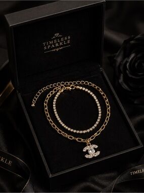 Gold and Crystal Double C Bracelet Set
